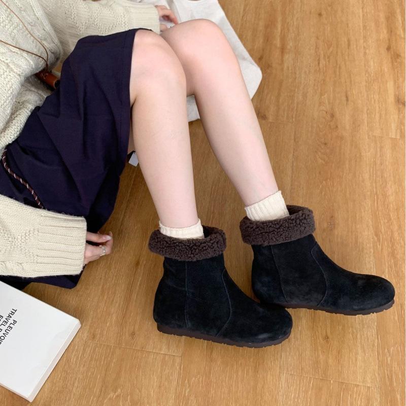 First Layer Cowhide Snow Boots Women's Round Head Flat Bottom Cashmere Blended Medium Boots Retro Matte Leather Sleeve Cotton Shoes