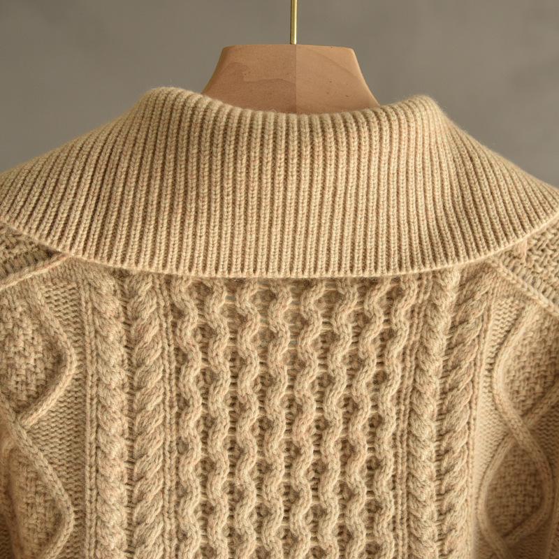 Cashmere Lapel Zipper Cardigan for Women - Autumn/Winter, Thick, Loose Fit, Slimming, Short, Gentle Style.