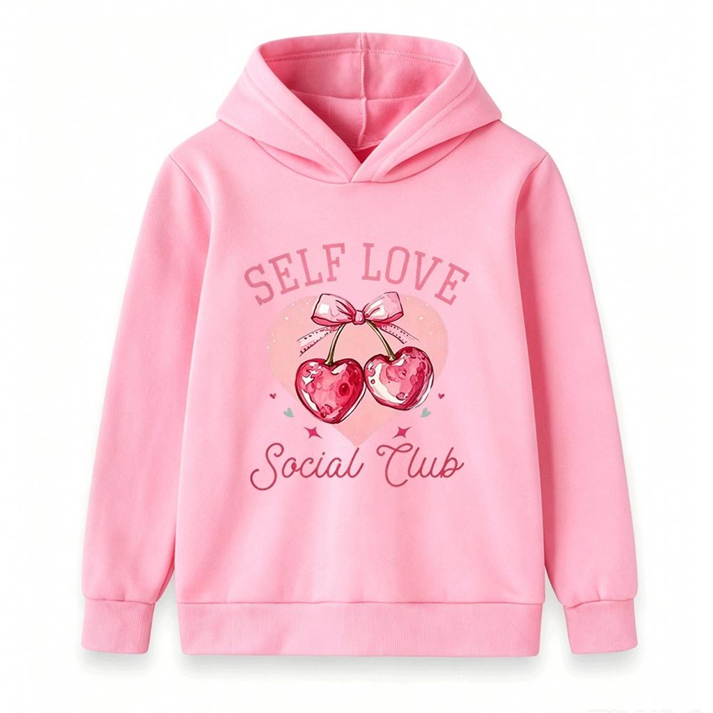 Kids Boys Girls Self Love Social Club Cherry Heart Print Pullover Hoodie Casual Long Sleeve Sweatshirt For Children
