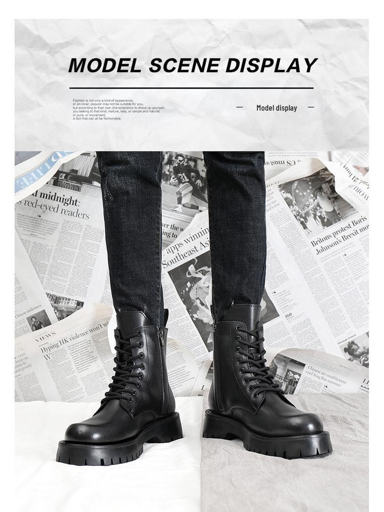 Men's High-Top Leather Martin Boots - British Style, Thick Sole, Velvet Lining, Winter Warmth