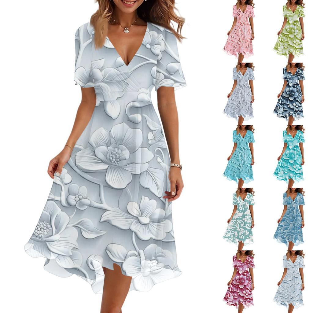 Women's Fashion Casual V-Neck Short Sleeve Floral Print Dress