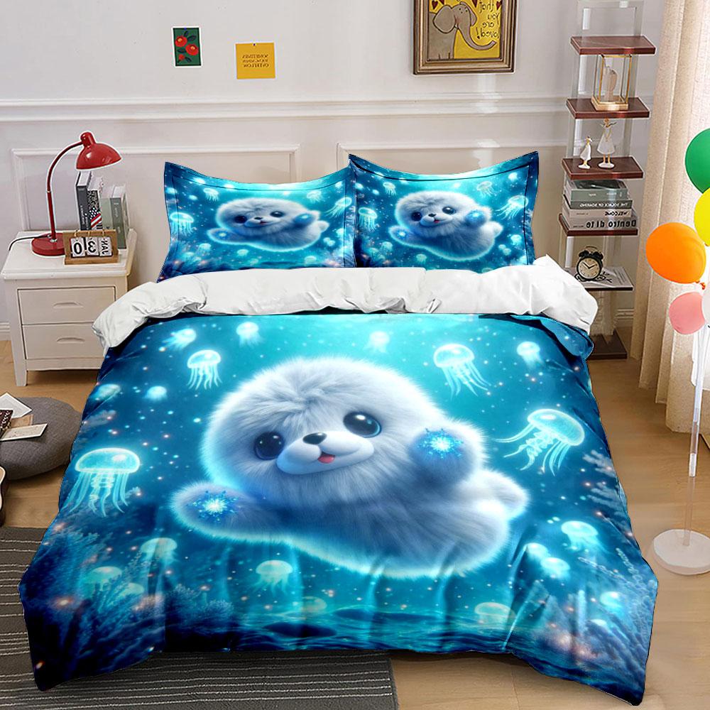Grosstor Unisex Fluffy Pup Dancing With Jellyfish Printed Duvet Cover Set1 Duvet Cover+2 Pillowcasemulti Size Bedroom Bedding Decor