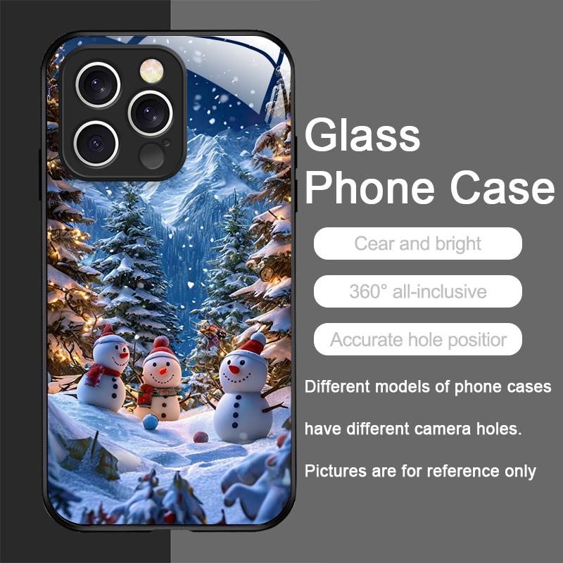 Cute Winter Snowman Christmas Tree Tempered Glass Phone Case for iPhone 17 16 Pro Max 15 14 13 12 Mini 11 X XS XR 7 8 Plus Cover