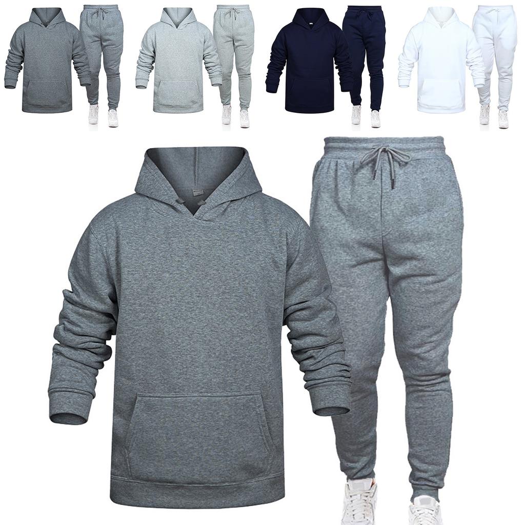 Men's Winter Solid Color Long-Sleeved Hooded Drawstring Sweatshirt And Sweatpants Suit