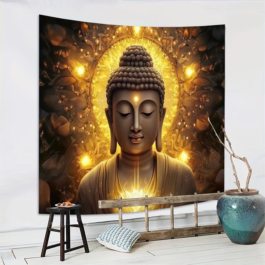 Arazzo Buddha Dorato da Appendere alla Parete, Decorazione Artistica Zen per Meditazione, Sfondo con Alone Spirituale per Soggiorno Camera da Letto