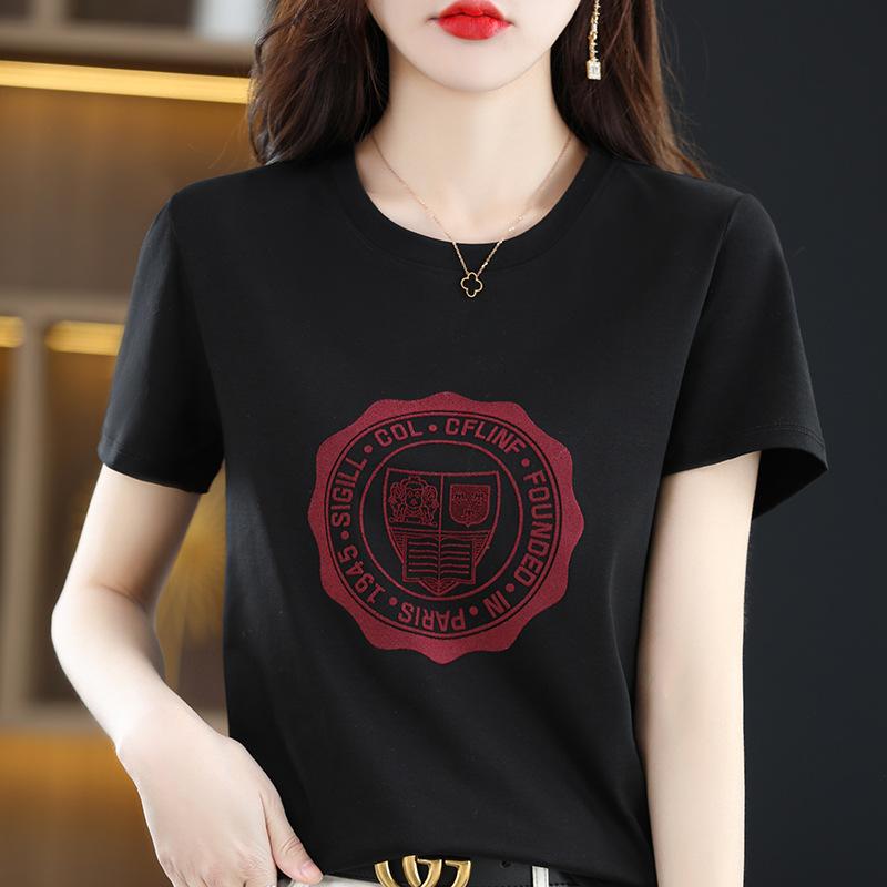 New Summer Mercerized Cotton T-shirt for Women Round Neck Slim and Versatile Printed Cotton Thread Short-sleeved Slim Korean Top