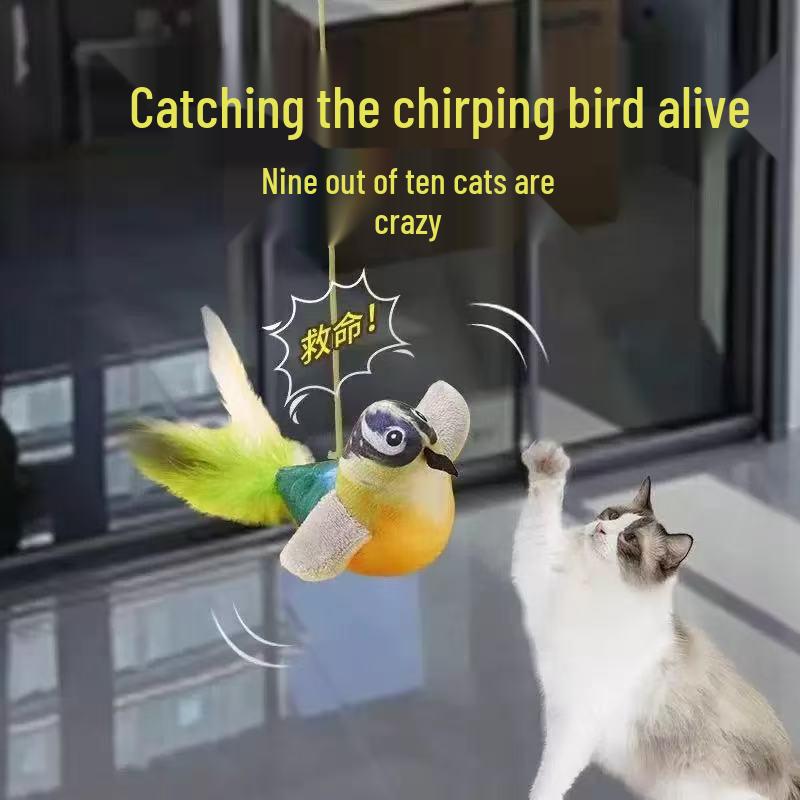 Self-Swinging Cat Toy: Feathered Bird Stick for Bite-Resistant, Interactive Play. Ideal for Kitten Amusement.