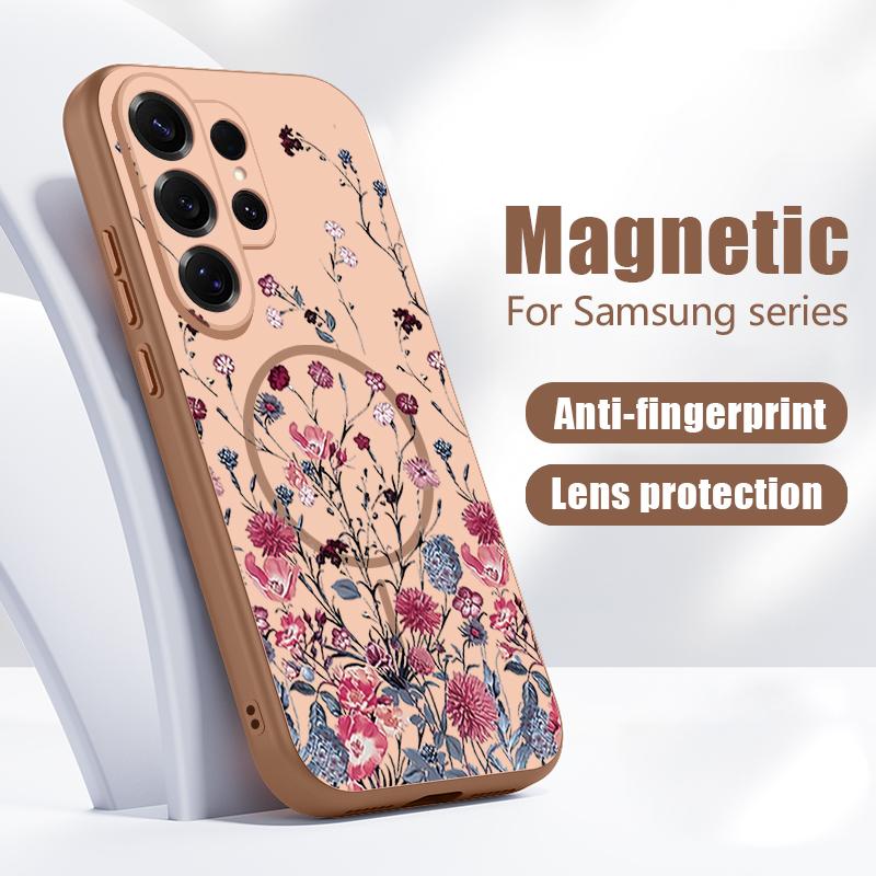Retro Hot Pink Flower Pattern Case For Samsung Galaxy S26 Ultra S25 Edge S24 Plus S23 FE S22 A54 A55 A56 5G Magnetic For Magsafe Matte Cover