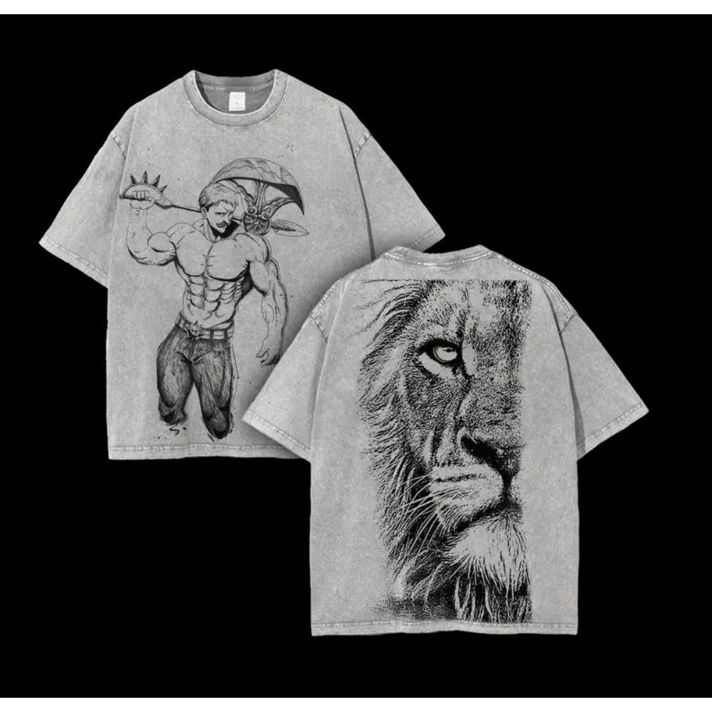 

Escanor Print T-shirt The Seven Deadly Sins Anime Clothing Men Short Sleeve Cotton Tshirts Vintage Washed Tee Harajuku T Shirt XXL серый