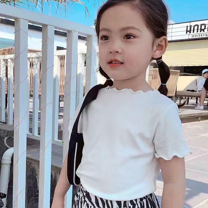Kids' Cute Cartoon Embroidered T-Shirt - Ice Silk, Short Sleeve, Ruffle Design for Summer