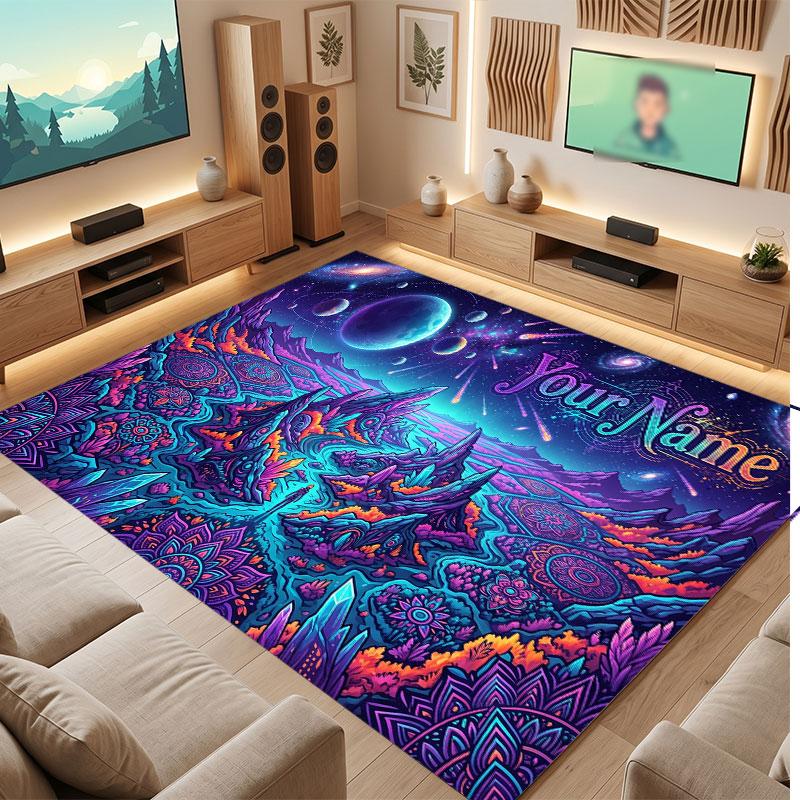 Space Cosmic Theme Crystal Velvet Floor Rug Personalized Custom Name Text Warm Carpet Home Decoration