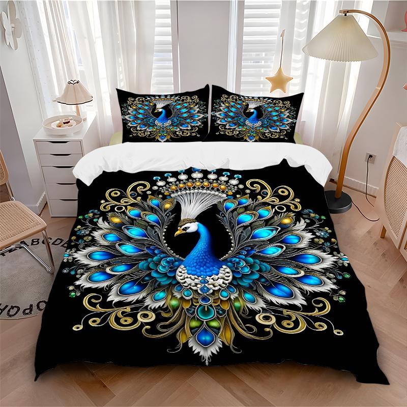 3pcs Enchanted Elegance Peacock Printed Quilt Set - Includes 1 Quilt Cover and 2 Pillowcases, Machine Washable - Suitable for All Seasons.J037