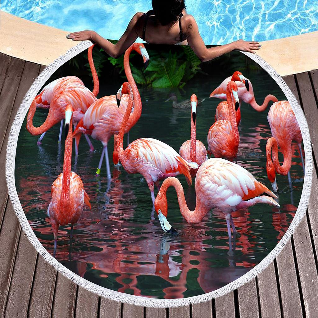 Tropical Flamingo Print Round Beach Towel, Hawaiian Beach Blanket Sand Free Quick Dry Hippie Boho Circle Bath Towel Yoga Mat