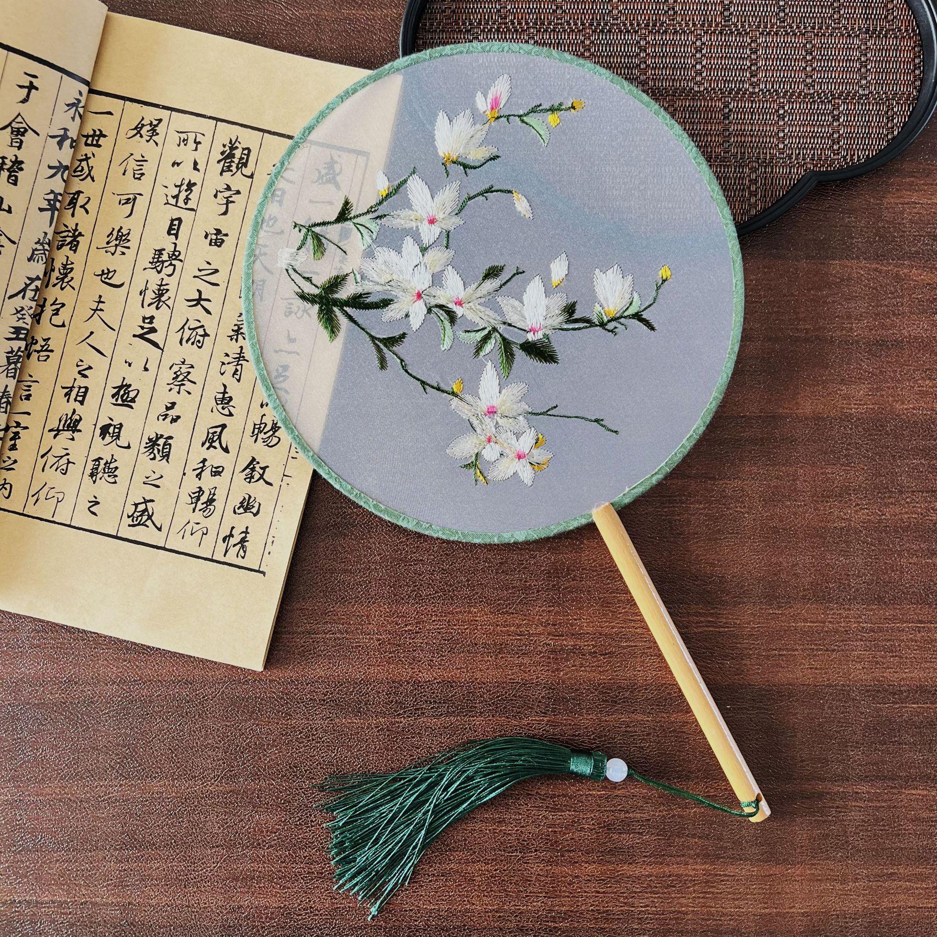 Double-Sided Embroidered Suzhou Dance Fan - Ancient Style Su Embroidery for Hanfu & Qipao Costumes