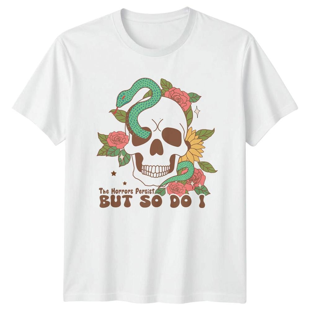 The Horrors Persist But So Do I Skull Snake Flower Graphic TShirt S