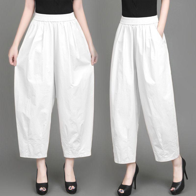 Cotton Large-size Thin High-waist Loose Nine-cropped Pants for Women In Summertime New Lantern Work Pants Casual and Fitted