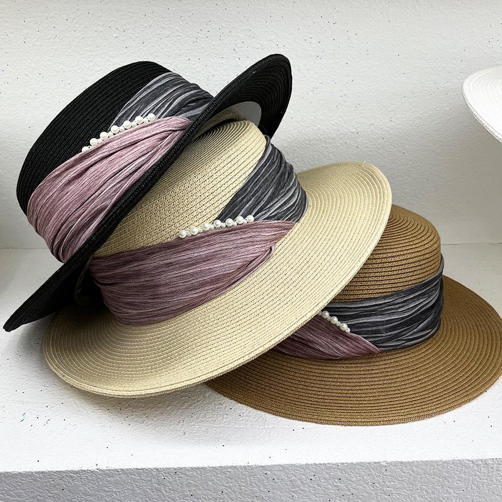 Celebrity temperament elegant pearl straw hat women's summer vacation pleated cloth flat top sunscreen visor