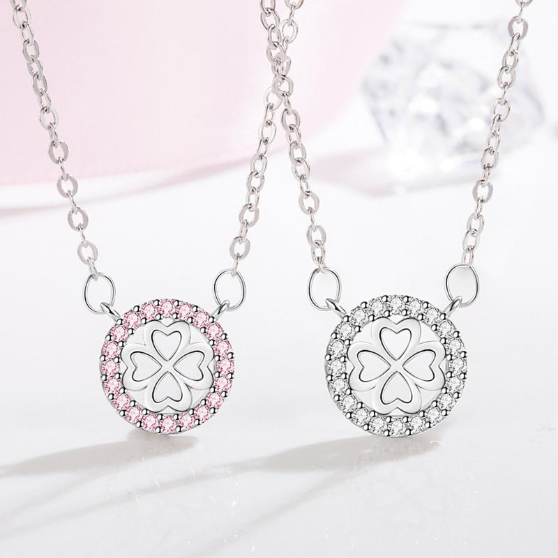 Ladies Fashion Jewelry High Quality White Pink Crystal Zircon Flower Leaf Pendant Four-leaf Clover Necklace Jewelry
