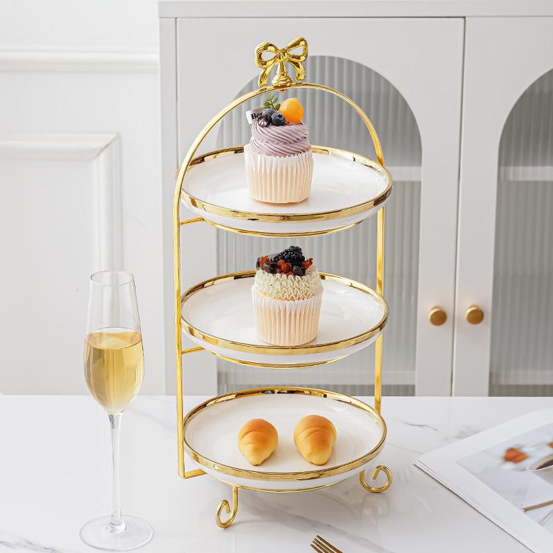 Golden Edged Double-layer Ceramic Tray, Cake Rack, Snack, Fruit Tray, Afternoon Tea Dessert Display Stand, Metal Bow Bracket