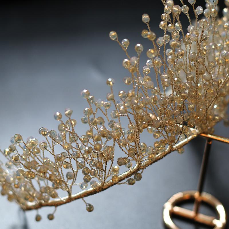Korean Women's Sweet and Fresh Pastoral Style Fully Hand Wound Crystal Beads Long Crown Bridal Tiara Accessories