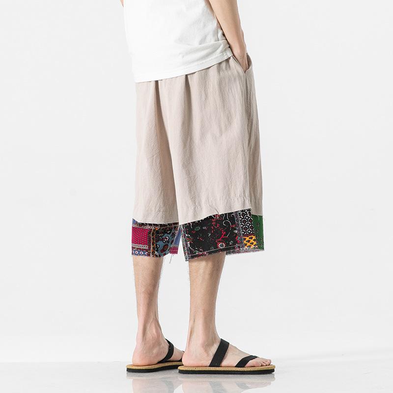 Chinese style summer new large size shorts men's splicing cotton and linen loose casual pants fashion cotton and linen cropped pants