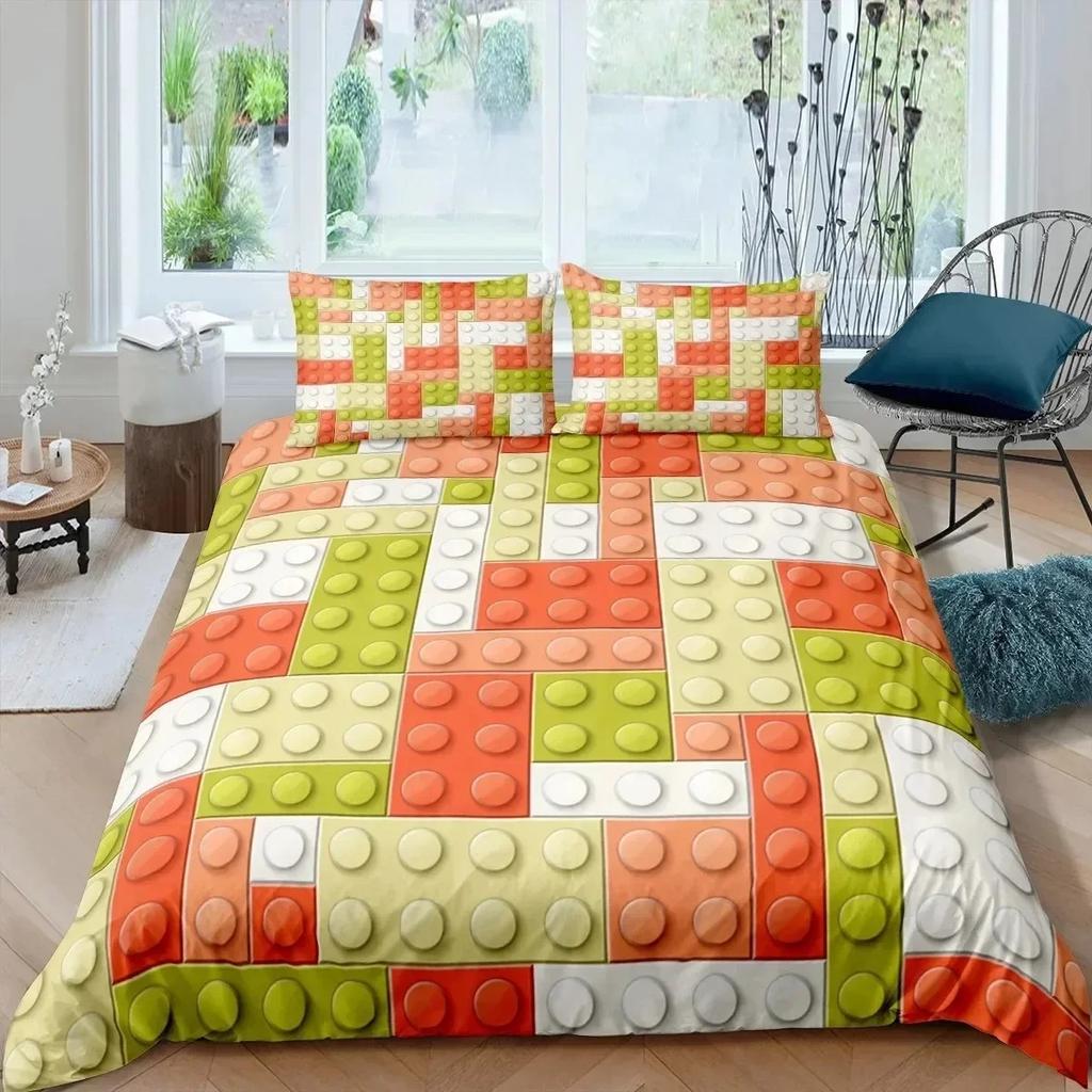 Barevný hračkový král královna povlak na přikrývku 3D vzor stavebních kostek ložní souprava zábavný cihlový povlak na peřinu gradientní duhový povlak na přikrývku