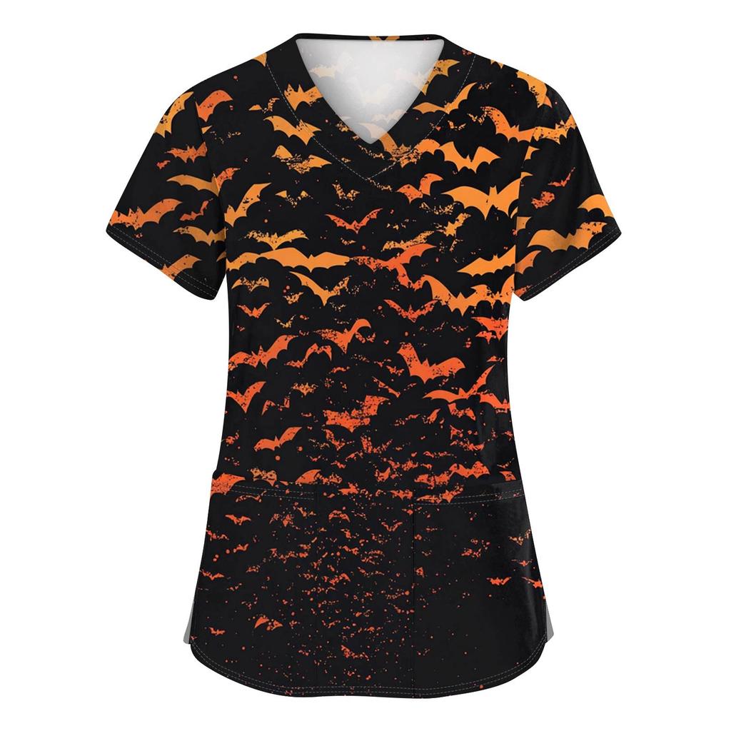 Damski modny uniform roboczy z krótkim rękawem i dekoltem w serek, z kieszeniami, top z nadrukiem na Halloween