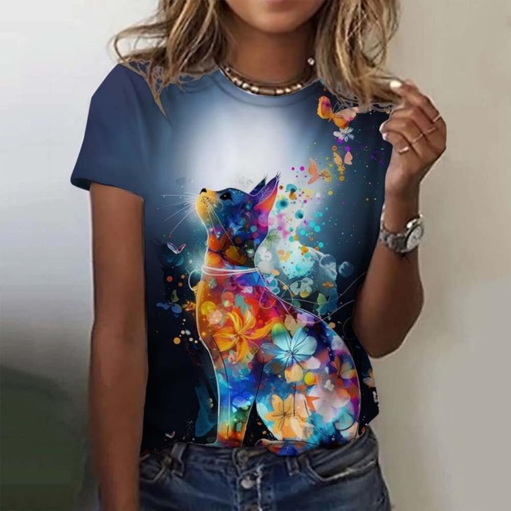 Christmas Women's T-Shirt Cute Art Cat Pattern 3D Printed Oversized T-Shirt  Summer New Fashion Women Clothing Y2k Female Tops