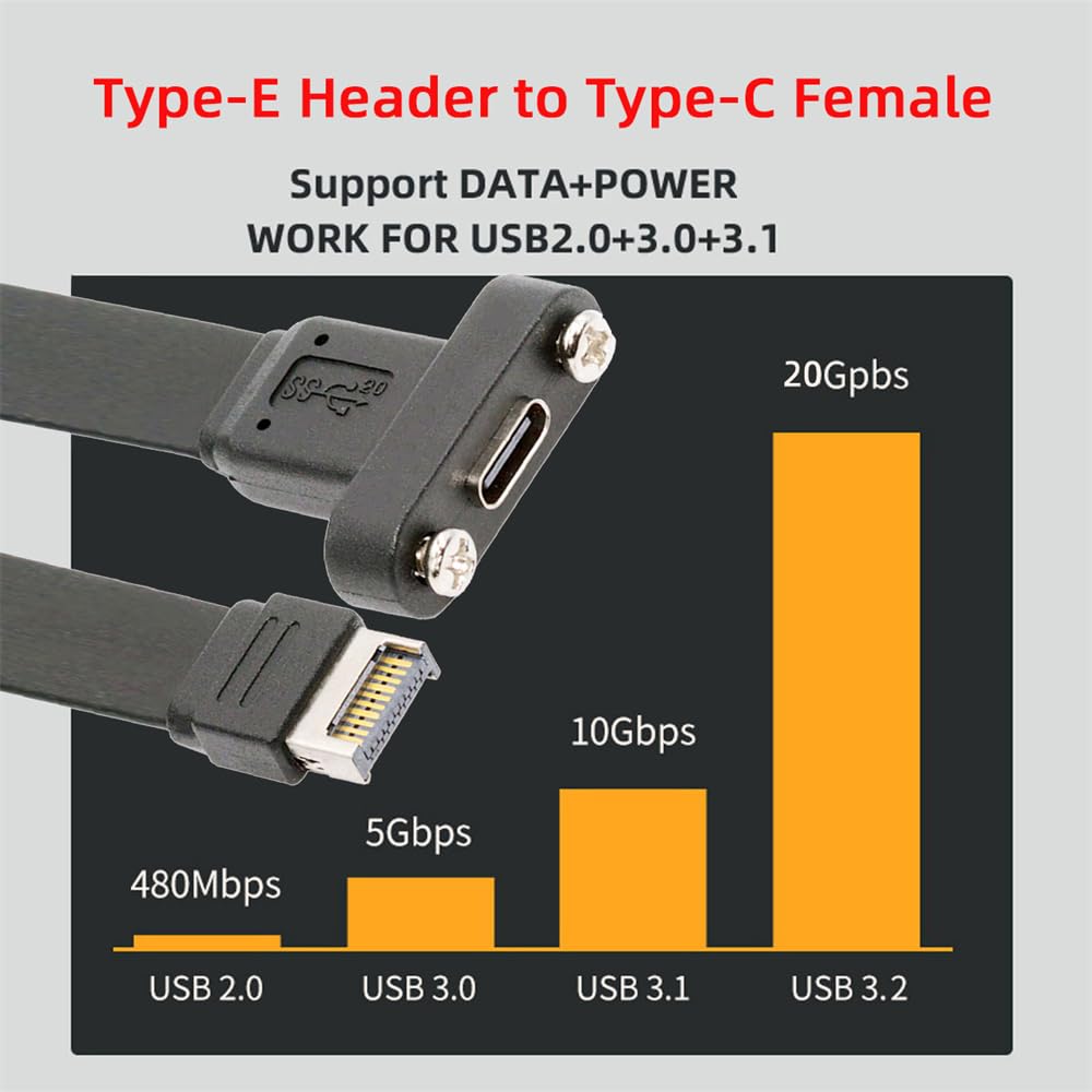 cablecc 20Gbps USB Front Panel Header IDC to Female Extension Cable with Panel Mount Screws 3.2 20-Pin Type-E USB-C Type-C
