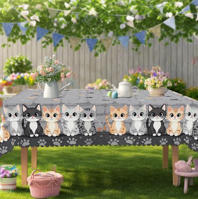 1 Piece Of Gray Retro Cute Cat Print Rectangular Tablecloth, Spring Cat, Cat Paw, Stone Pattern Round Tablecloth, Party Decoration, Home Kitchen Table