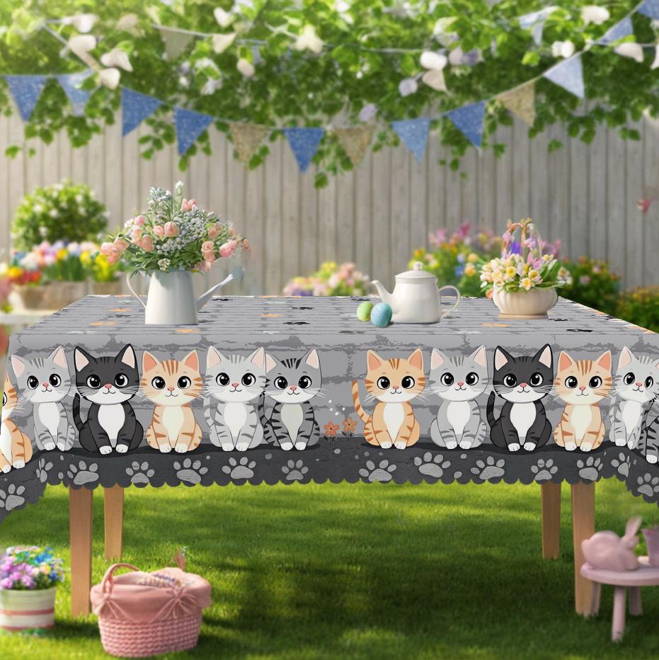 

1 Piece Of Gray Retro Cute Cat Print Rectangular Tablecloth, Spring Cat, Cat Paw, Stone Pattern Round Tablecloth, Party Decoration, Home Kitchen Table Round(152)cm