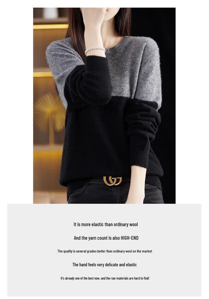 Women's Color Block Wool Sweater: Stylish Round Neck Loose Knit for Autumn & Winter