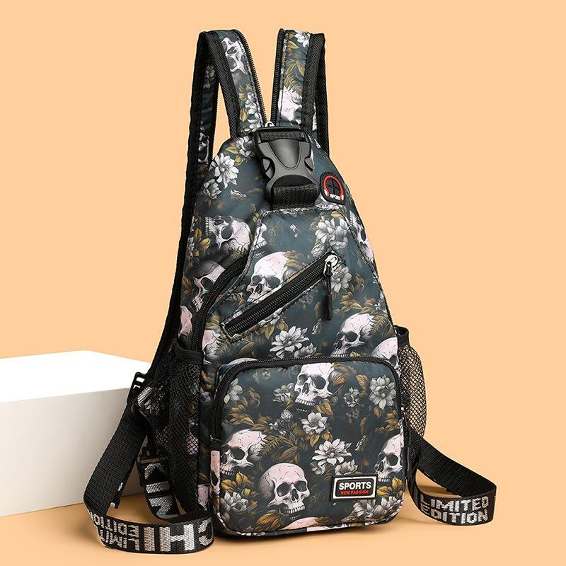 Skull Printed Casual Chest Bag Double Strap Headphone Jack Adjustable Shoulder Strap Daily and Work Travel Bag