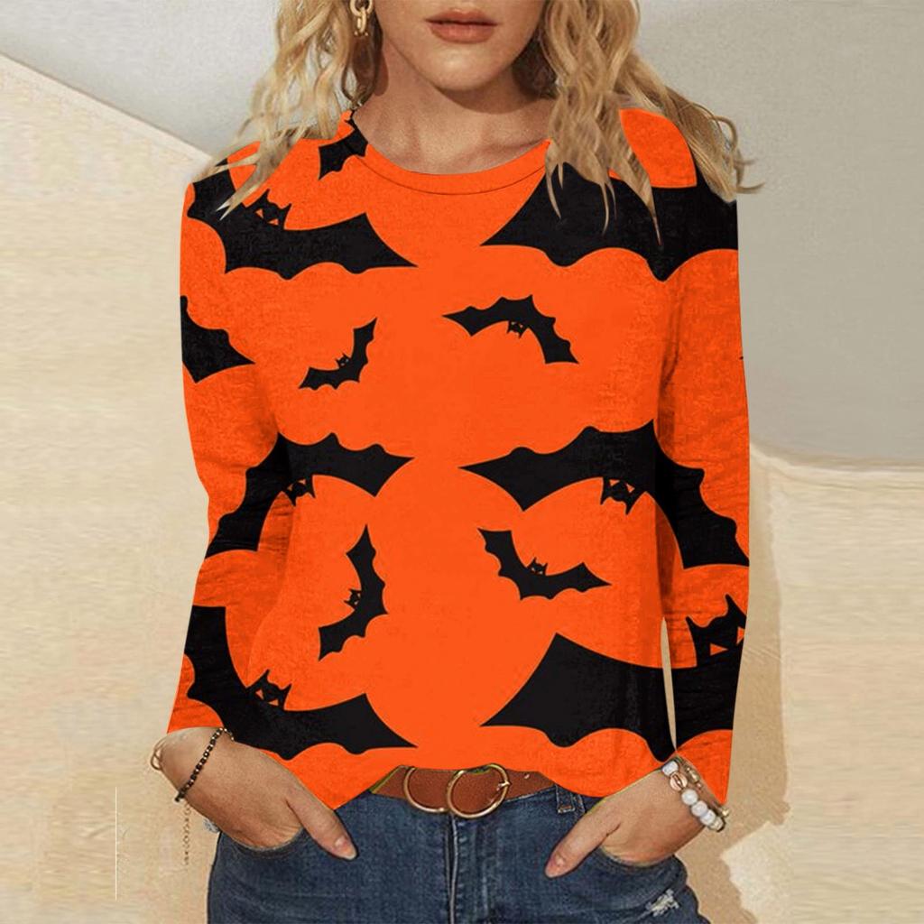 Women's Casual Fashion Halloween Print Long Sleeve Pullover T-shirt Top