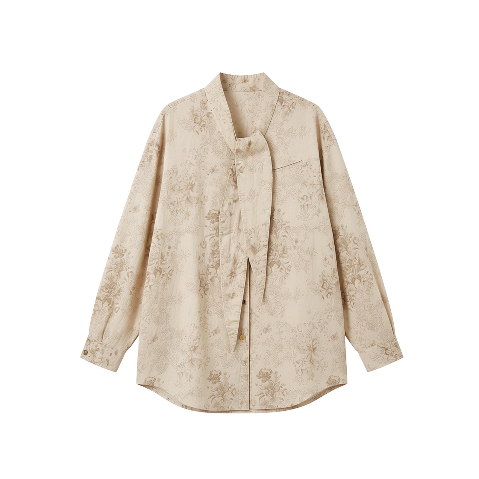 Весенний цветочный женский элегантный свободный топ с длинным рукавом 2026 года - Новый китайский стиль Medium абрикосовый света