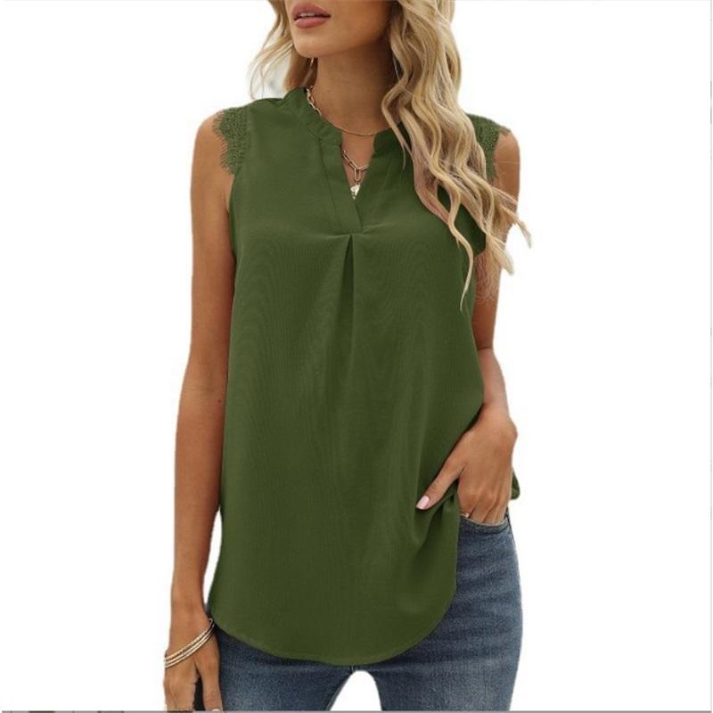 Spring Summer Solid Color Shirt Loose Fit V Neck Sleeveless Lace Trim Top Elegant Casual Blouse Everyday Wear Stylish And Comfortable Women Apparel