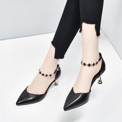 Pointed Sandals High Heels Women's Spring and  New Fairy Shoes First Layer Cowhide Hollow Chain Buckle Stiletto Women's Shoes