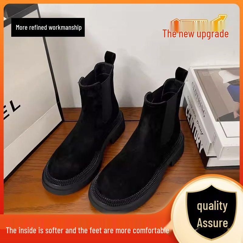 Botine Chelsea cu toc gros, cu vârf rotund, din piele întoarsă, pentru femei, toamnă/iarnă 2025