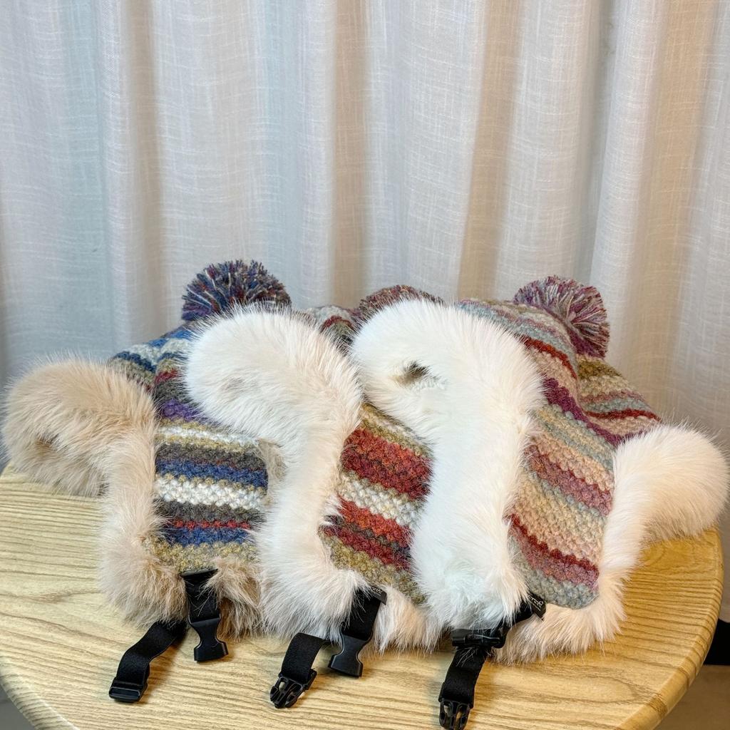 Rainbow Striped Plush Ear Protection Hat for Women In Autumn and Winter Thickened Plus Velvet Lei Feng Hat Northeast Cold Proof Knitted Pullover Hat