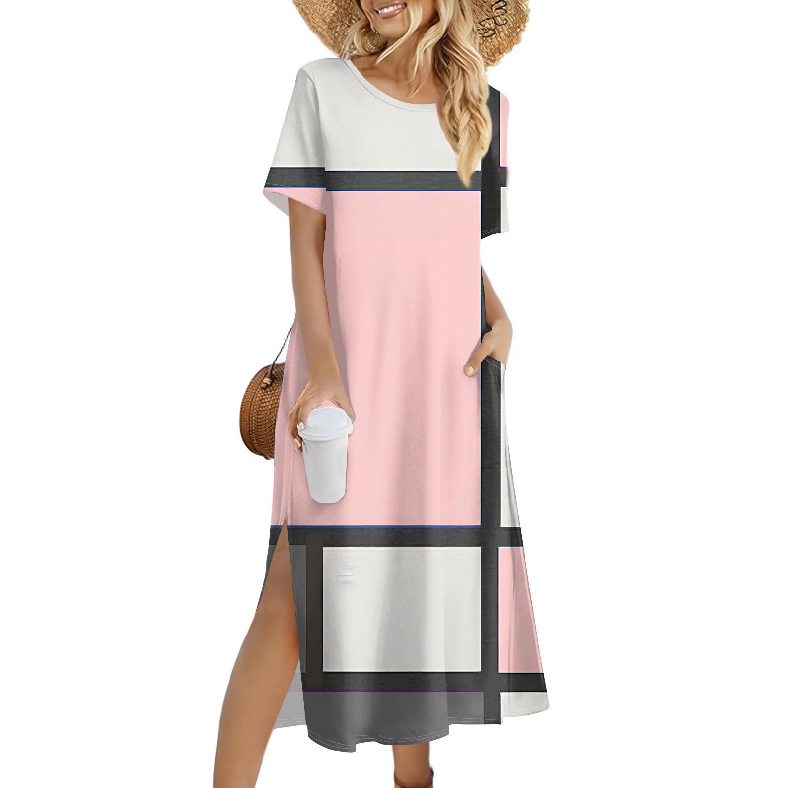 

Women s Fashion Summer Color Block Patchwork Print Dress Casual Beach Dress Dress Slim Holiday Dress M рожевий