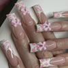 Long Water Drop Shape Pink Floral Press-On Nails With White French Tip Sweet Ins Style Fake Women