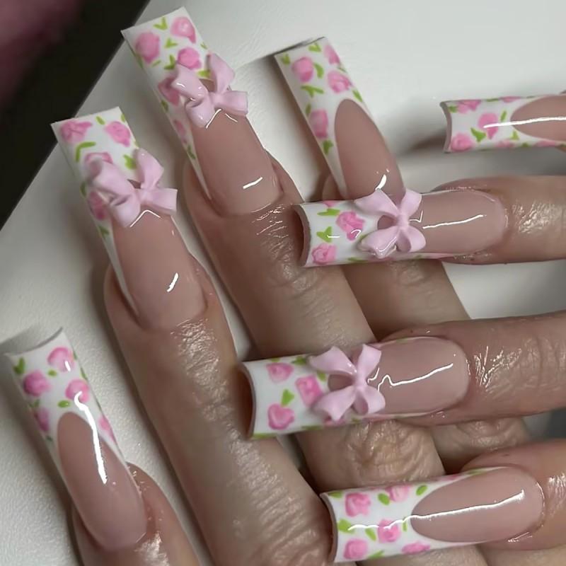 Long Water Drop Shape Pink Floral Press-On Nails With White French Tip Sweet Ins Style Fake Women