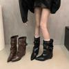Cowhide Version~ Thick Heel Inner Height-increasing Short Boots for Women's New Pointed Two-wear Tube Pants Tube Boots Western Knight Boots