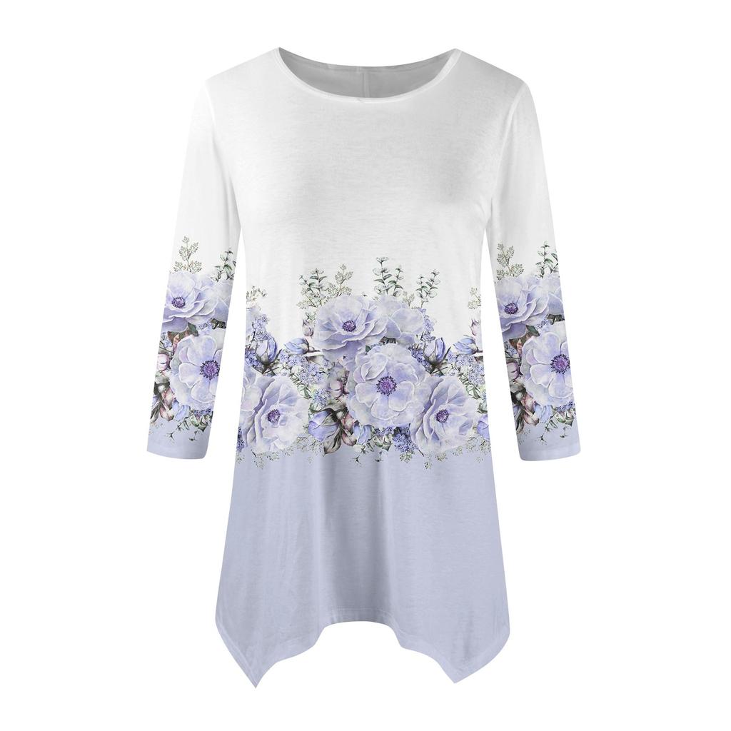 Dámská móda Ležérní tričko s kulatým výstřihem a květinovým potiskem, sedmirukávové, s páskem, volný pohodlný top