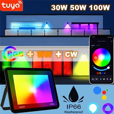 RGB Floodlight Smart APP Voice Control RGBCW CCT 3000-6500K 30W 50W 100W 220V AC For Garden Party Outdoor Lighting With Tuya