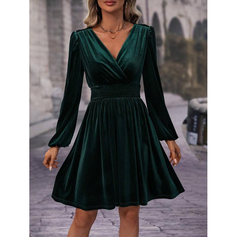  New Autumn/Winter Velvet V-Neck Long-Sleeve Dress – European & American Style