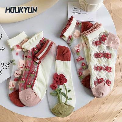 5 Paar Dames Sokken Harajuku Zomer Cartoon Kant Enkelsok Casual Sokken Transparant Elastisch Schoolmeisje Korte Sokken