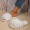 Thicken Warm Long Plush Strap Slides Women 2025 Winter Open Toe Flat Heel Indoor Slippers Soft Sole Faux Fur Slippers