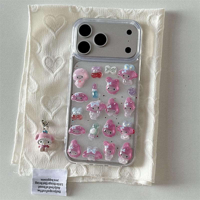 Korean Cute 3D Melody Sanrio Phone Case For iPhone 17 Pro 16 15 14 Pro Max Cover with Pendant Shockproof Cartoon Protective Case