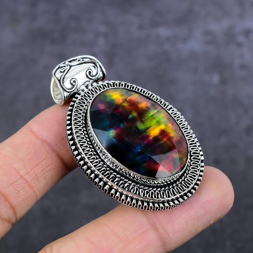 Ammolite Gemstone 925 Sterling Silver Jewelry Pendant 2.29" L3j33